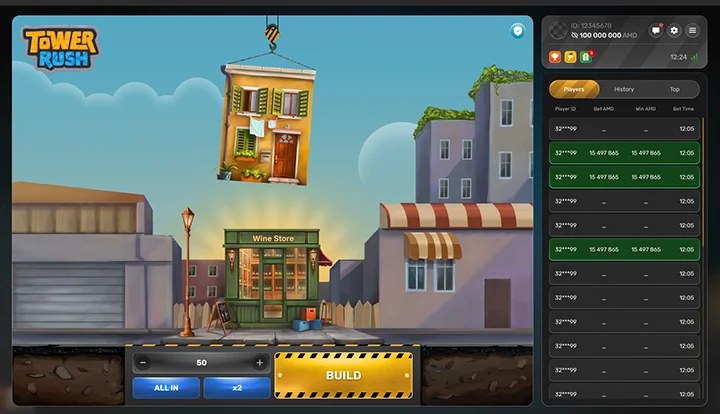 Tower Rush game screen by Galaxsys: a floor is lifted into place above the Build button